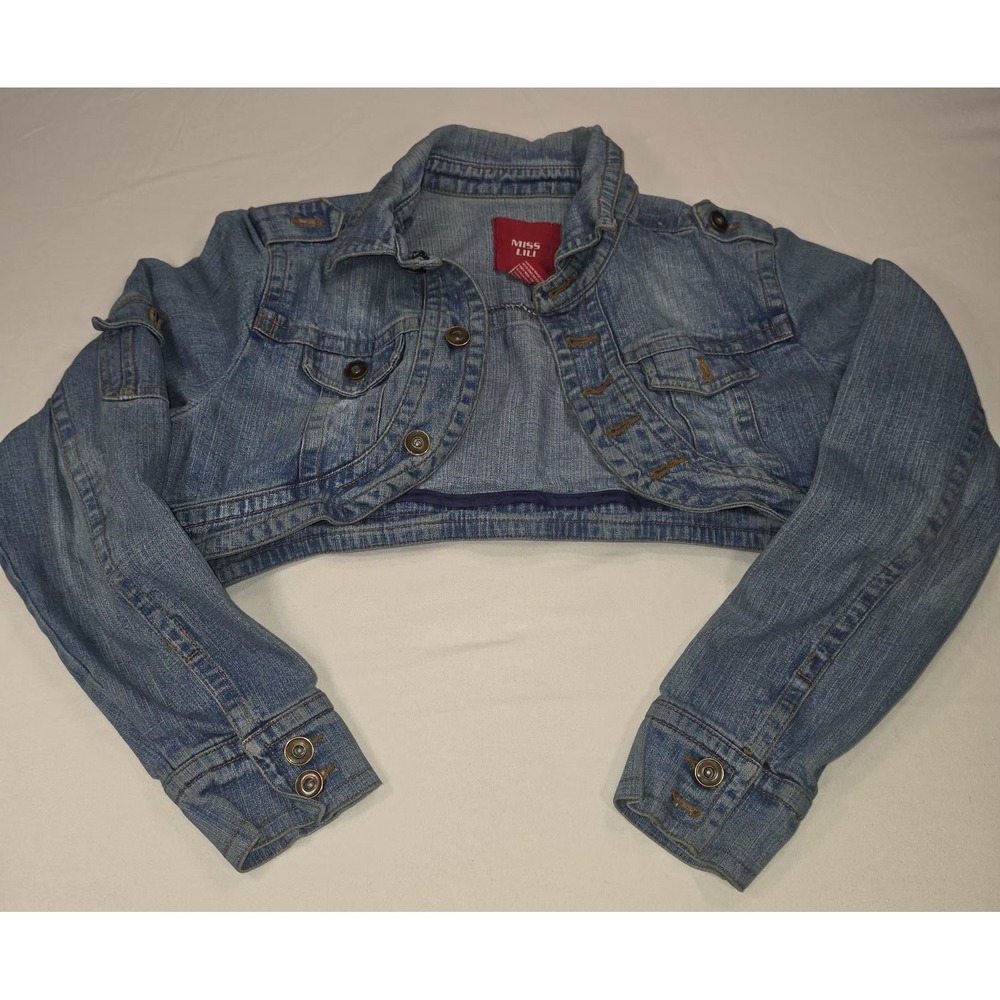 Miss LILI Super Crop Denim Jacket Women's Junior Large Blue Jean Button Up